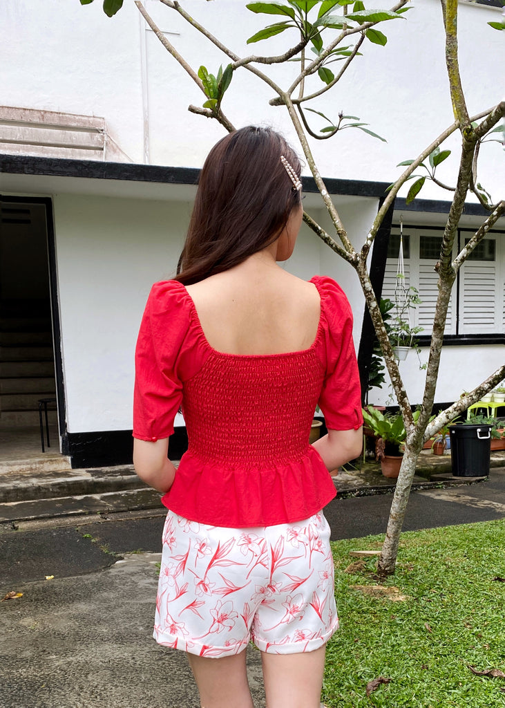 Carien Puff Sleeve Top in Red - yacht 21 - women ladies fashion clothing - red , top , blouse , festive , cny , chinese new year , lunar new year , sweetheart neckline , sleeves , half sleeves , peplum , casual , holiday , summer , urban resort wear , low ironing , fuss free , wrinkle free , Y21 