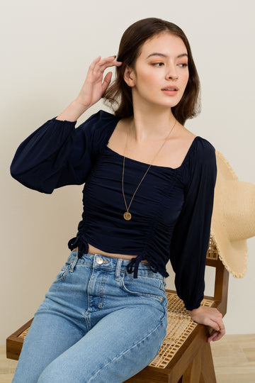 Isabella Ruched Top In Blue , Isabella Ruched Top In Green - y21 - yacht 21 - women ladies fashion clothing - casual , top , blue , green , boat neck , square neckline , ruching , drawstring top , long sleeves , stretchable , casual , holiday , summer , vacay , vacation , urban resort wear  , fuss free , wrinkle free , low ironing