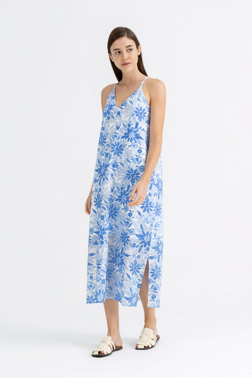 Yacht21, Yacht 21, yacht21, yacht 21, Y21, y21, womenswear, ladieswear, ladies, fashion, clothing,  fuss-free, low ironing, casual, easy, versatile, comfortable, simple, feminine, classic, dress, maxi dress, sleeveless, floral, print, pattern, tropical, summer, bright, blue, Beatrice Strap Maxi Dress with Slits