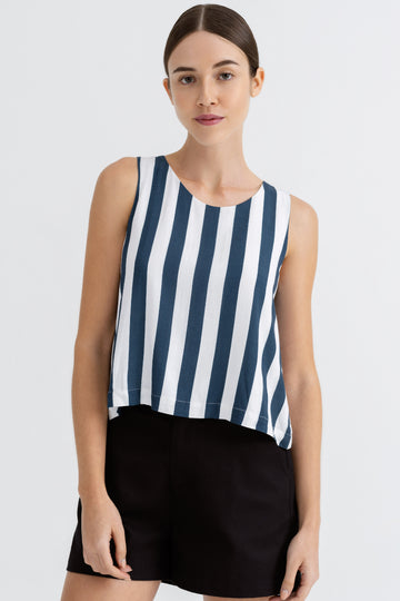 Yacht21, Yacht 21, yacht21, yacht 21, Y21, y21, womenswear, ladieswear, ladies, fashion, clothing, fuss-free, low ironing, casual, easy, versatile, comfortable, striped, top, sleeveless, staple, classic, simple, top, relaxed, detail, design, blue, Emrys Vertical Wide-Striped Top in Prussian Blue