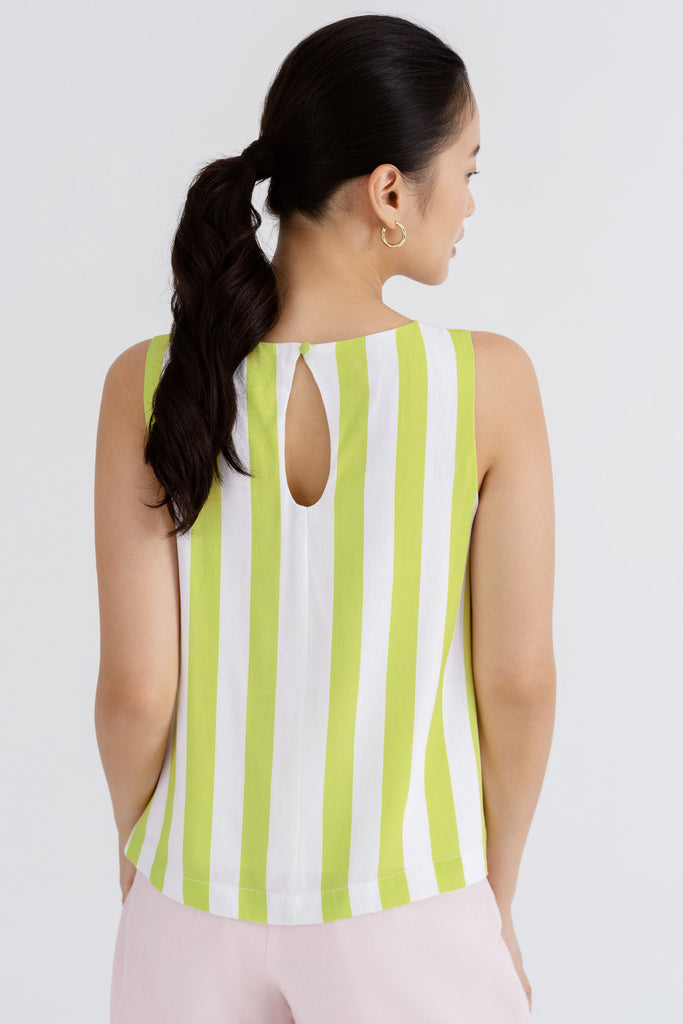 Yacht21, Yacht 21, yacht21, yacht 21, Y21, y21, womenswear, ladieswear, ladies, fashion, clothing, fuss-free, low ironing, casual, easy, versatile, comfortable, striped, top, sleeveless, staple, classic, simple, top, relaxed, detail, design, green, Emrys Vertical Wide-Striped Top in Chartreuse Green