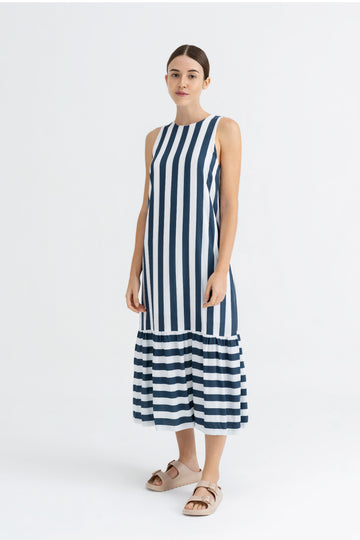 Yacht21, Yacht 21, yacht21, yacht 21, Y21, y21, womenswear, ladieswear, ladies, fashion, clothing, fuss-free, low ironing, casual, easy, versatile, comfortable, sleeveless, maxi dress, maxi, dress, staple, striped, simple, tiered, green, Blythe Vertical Wide-Striped Maxi Dress in Prussian