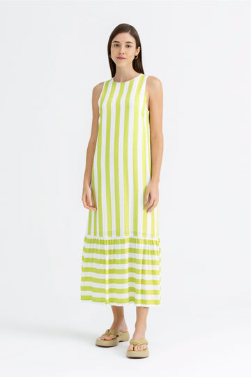 Yacht21, Yacht 21, yacht21, yacht 21, Y21, y21, womenswear, ladieswear, ladies, fashion, clothing, fuss-free, low ironing, casual, easy, versatile, comfortable, sleeveless, maxi dress, maxi, dress, staple, striped, simple, tiered, green, Blythe Vertical Wide-Striped Maxi Dress in Chartreuse Green