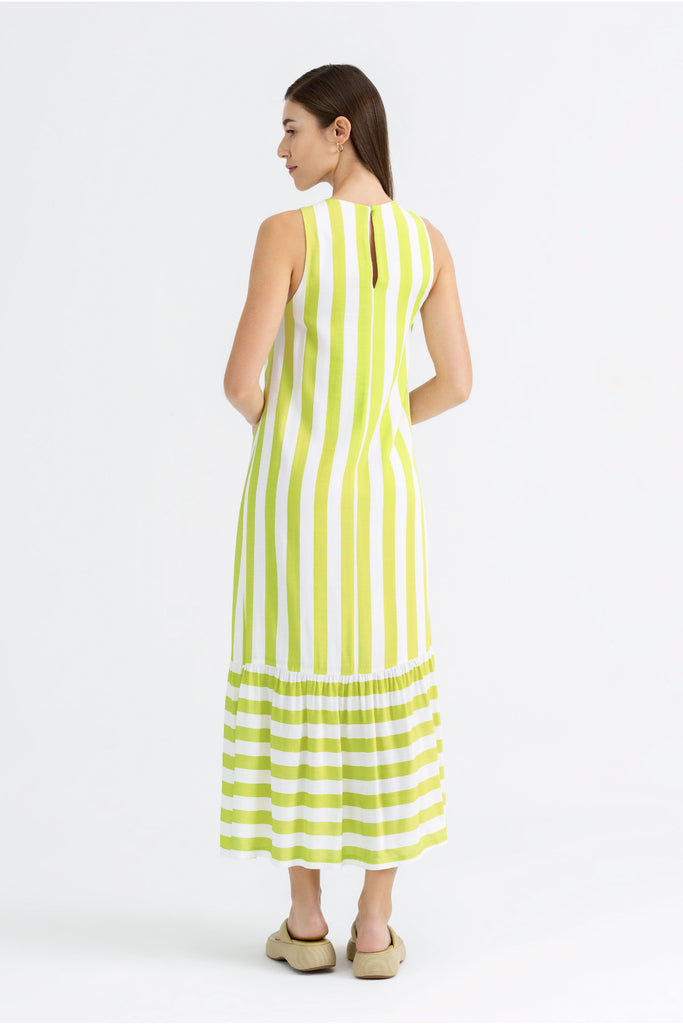 Yacht21, Yacht 21, yacht21, yacht 21, Y21, y21, womenswear, ladieswear, ladies, fashion, clothing, fuss-free, low ironing, casual, easy, versatile, comfortable, sleeveless, maxi dress, maxi, dress, staple, striped, simple, tiered, green, Blythe Vertical Wide-Striped Maxi Dress in Chartreuse Green
