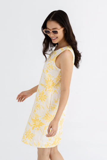 Yacht21, Yacht 21, yacht21, yacht 21, Y21, y21, womenswear, ladieswear, ladies, fashion, clothing, fuss-free, low ironing, wrinkle resistant, pattern, prints, comfortable, dress, shift dress, sleeveless, floral, polyester, yellow, Maisie Floral Motif Shift Dress in Canary Yellow