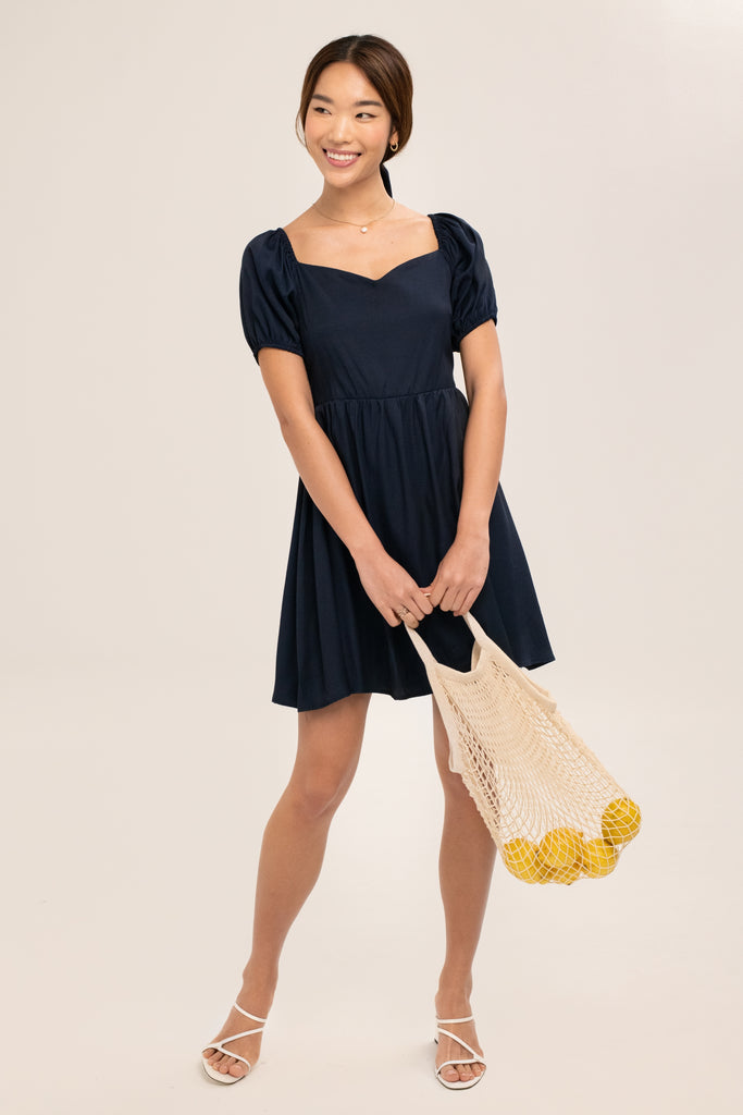 pearl babydoll dress in blue - yacht 21 - Women / ladies clothing fashion - Short / Mini Babydoll / tiered Dress with short puffy Sleeves , blue , beige , sweetheart neckline , casual , holiday , summer , vacay , vacation , urban resort wear , fuss free