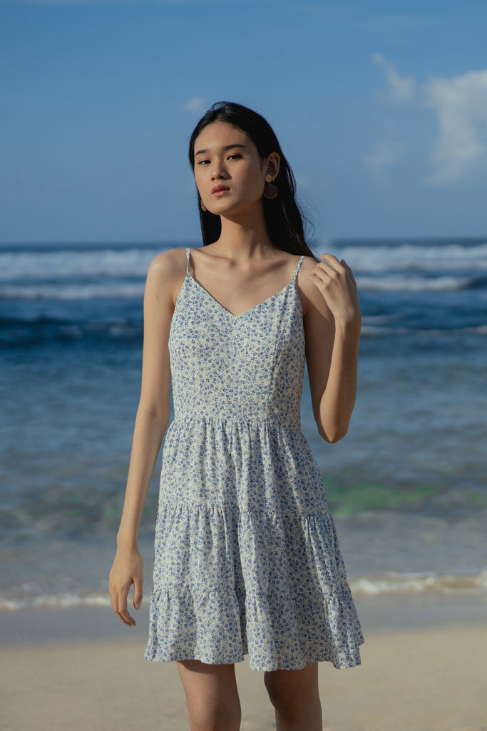 Natalie Floral Dress - yacht21 - yacht 21 - y21 - Y21 - women ladies clothing fashion - urban resort wear , white , blue , casual , tiered dress , sleeveless , strappy , straps , flare , urban resort wear , holiday , summer , staycay , staycation , short , mini dress , v-neckline , fuss free , low ironing , iron resistant