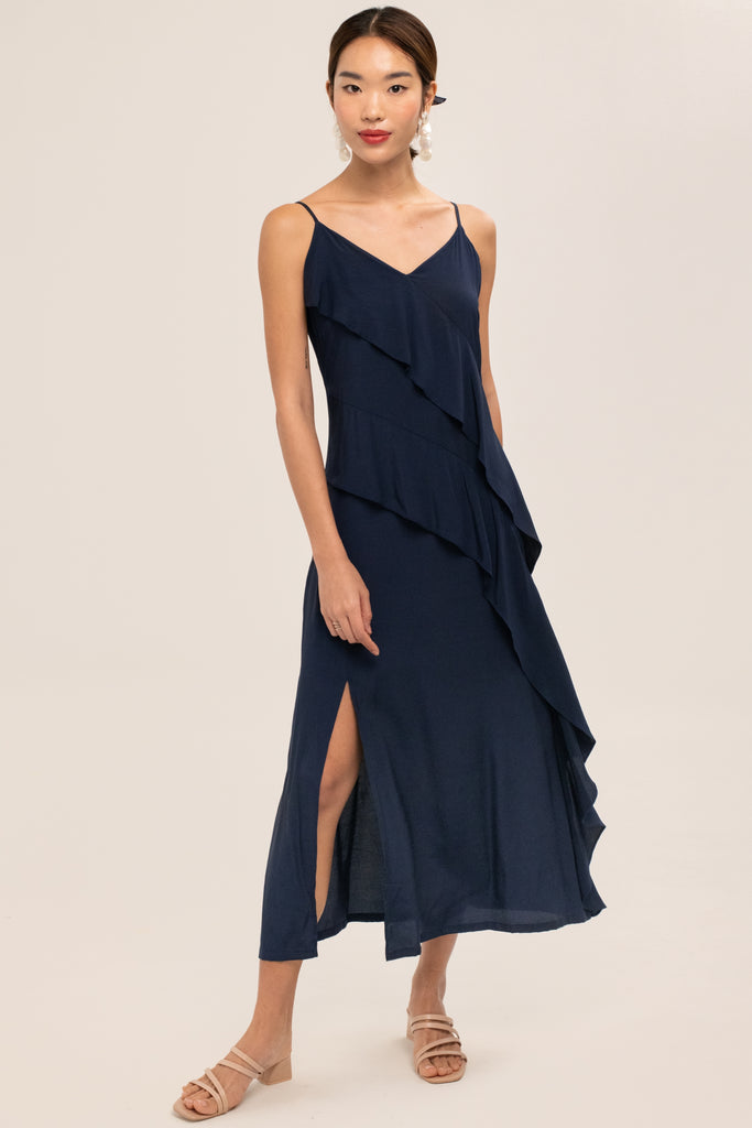 Lita Ruffle Maxi Dress - Yacht 21 - Women / Ladies Clothing fashion - blue long dress , sleeveless , wedding , bridesmaids dress , summer , holiday , dark blue , no prints , slit , urban resort wear , holiday , summer , vacay , vacation , fuss free , low ironing , wrinkle free