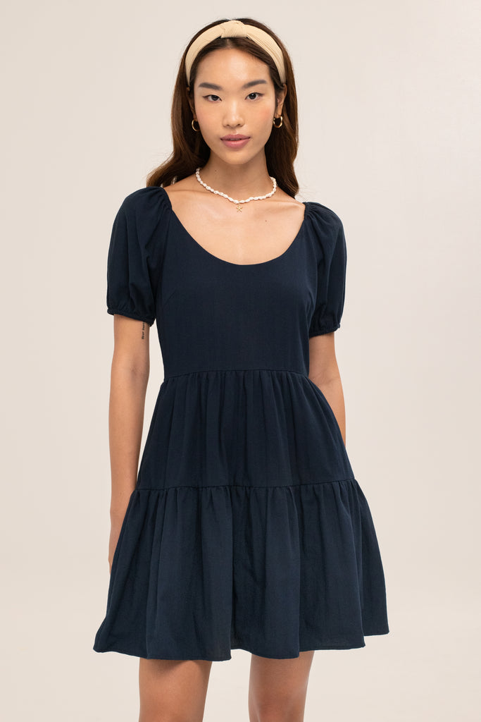 Zinnia Babydoll Dress in Blue - yacht 21 - women / ladies clothing fashion - short , mini , tiered , babydoll dress , round neck , short puffy sleeves , a-line fit , casual , summer , urban resort wear , holiday , vacay , vacation , fuss free , wrinkle free , low ironing