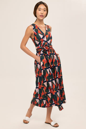 jacelyn maxi dress - yacht 21 - women / ladies clothing fashion - sleeveless long dress , orange , green , shapes , V-neckline , bold colours , casual , wedding party , dressy occasion ,   midaxi , midi , summer , vacay , vacation , holiday , fuss free , wrinkle free , low ironing