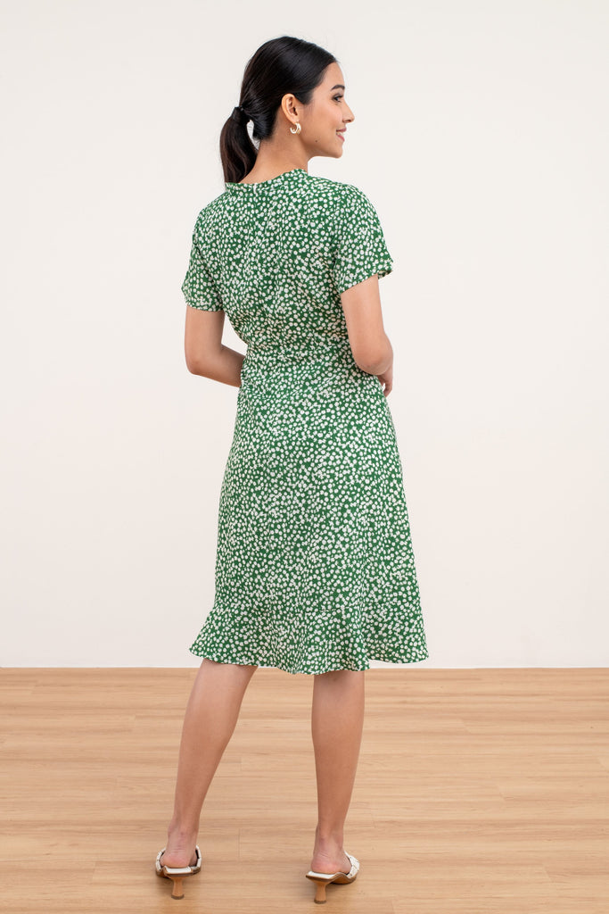 yacht 21 - erin ruffle wrap dress in green - women / ladies clothing fashion - green , floral , short sleeves , knee length , V-neckline ,  summer , vacation , vacay , casual , work , urban resort wear , local singapore brand 