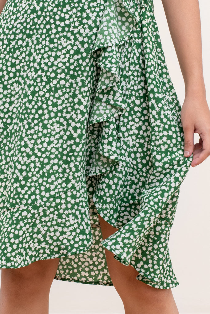 yacht 21 - erin ruffle wrap dress in green - women / ladies clothing fashion - green , floral , short sleeves , knee length , V-neckline ,  summer , vacation , vacay , casual , work , urban resort wear , local singapore brand 