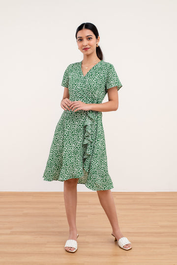 yacht 21 - erin ruffle wrap dress in green - women / ladies clothing fashion - green , floral , short sleeves , knee length , V-neckline ,  summer , vacation , vacay , casual , work , urban resort wear , local singapore brand 