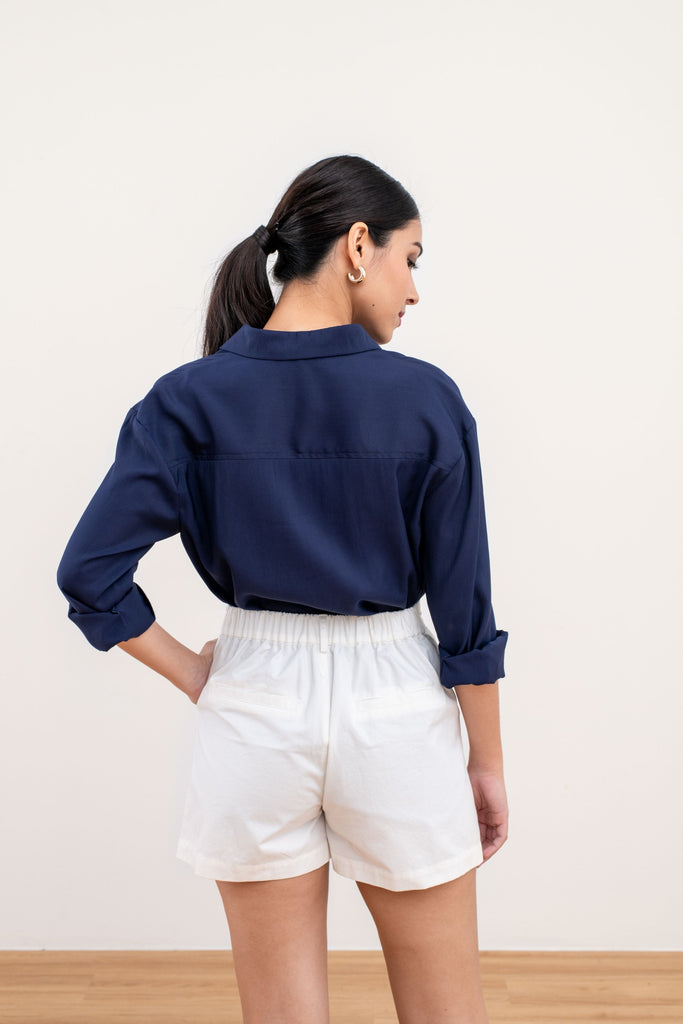 Jesy Button Up Shirt in Navy Blue , Jesy Button Up Shirt in White  - yacht 21 - women / ladies fashion clothing - top , blouse , work wear  , urban resort wear , basic , dark blue , shirt , formal , casual , vacay , vacation , summer , holiday , buttons , 3/4 sleeves , half sleeves , collar , fuss free , wrinkle free , low ironing