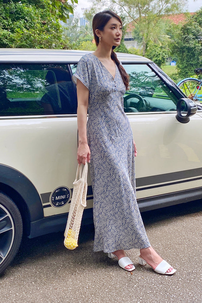 Florencia Printed Maxi Dress in blue - yacht 21 - women ladies fashion clothing - floral , flowers , long dress , maxi dresses , short sleeves , midaxi , blue , urban resort wear , cruise wear , date night , casual , fuss free , wrinkle free , low ironing , vacay , vacation , holiday , summer