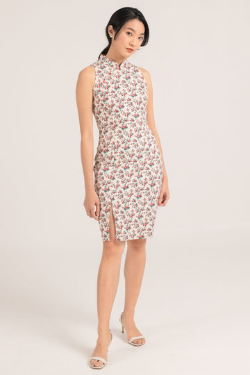 [Online Exclusive] Ashley Printed Cheongsam - yacht 21 - women / ladies fashion clothing - cny , chinese new year , lunar new year , festive , summer , leaves , tropical prints , green , short , mini dress , mandarin collar , urban resort wear , floral , flowers , white , beige , slit , sleeveless , fuss free , low ironing , no ironing , wrinkle resistant , wrinkle free