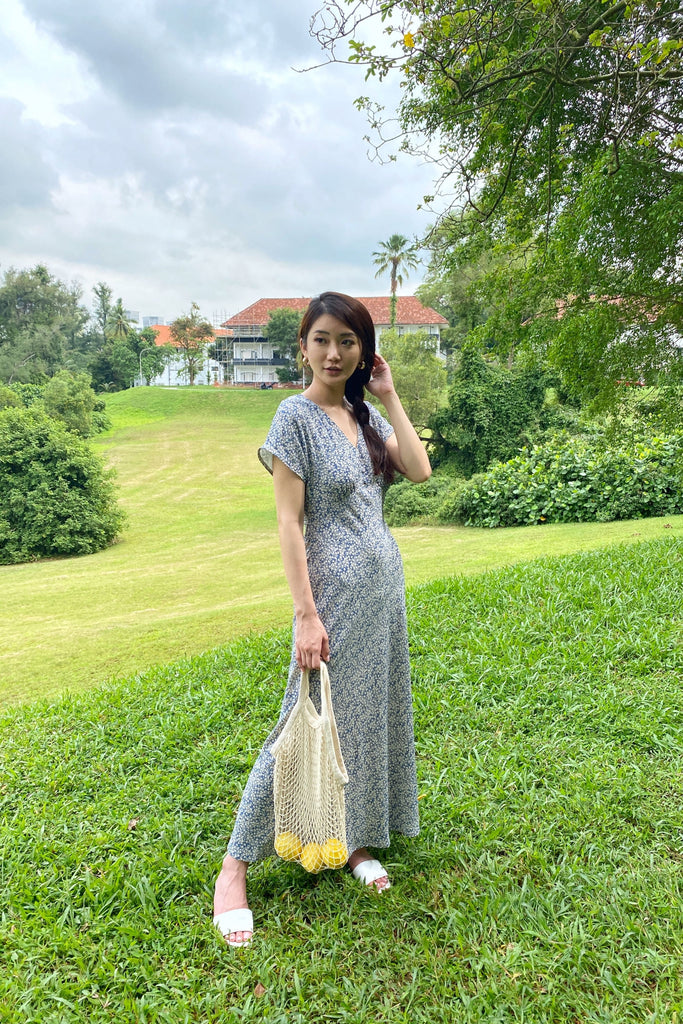 Florencia Printed Maxi Dress in blue - yacht 21 - women ladies fashion clothing - floral , flowers , long dress , maxi dresses , short sleeves , midaxi , blue , urban resort wear , cruise wear , date night , casual , fuss free , wrinkle free , low ironing , vacay , vacation , holiday , summer