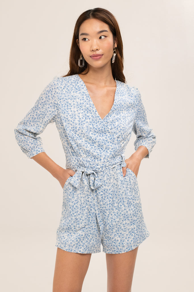 Arianna Romper in White - Yacht 21 - Women / Ladies Clothing Fashion - romper / pantsuit / jumpsuit , floral , blue & white , short , work , casual , holiday , summer 