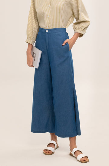 yacht 21 - Rae High Waisted Culottes - women / ladies clothing fashion - blue denim pants , slit , casual , jeans , summer , holiday , vacay , vacation , fuss free , versatile , easy to match