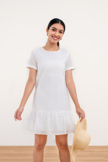 Victoria Broderie Anglaise Ruffle Dress - yacht 21 - women / ladies clothing fashion - dress , dresses , short / mini , short sleeves , ruffles , flare , white , urban resort wear , casual , holiday , vacay , vacation  , fuss free , wrinkle free , low ironing