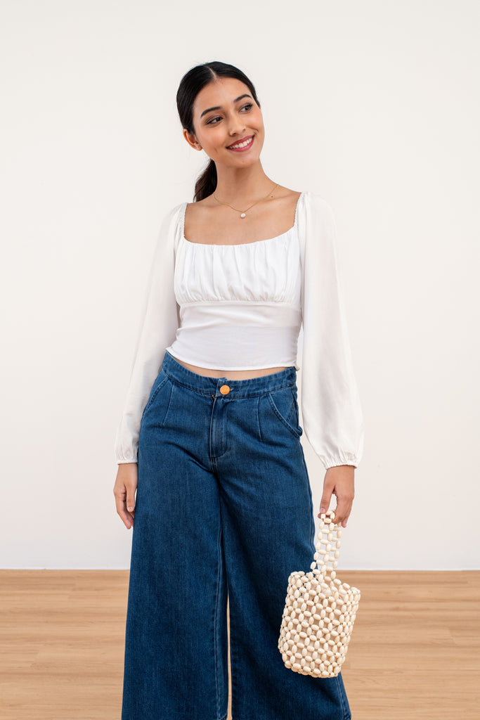 Bella Ruched Long Sleeve Top - white , red - yacht 21 - women ladies clothing fashion - top , blouse , long sleeves , sleeve , ruching , cropped top , crop top , tight fitting , boat neckline , square neck , casual , urban resort wear , holiday , summer , fuss free , wrinkle free , low ironing , y21