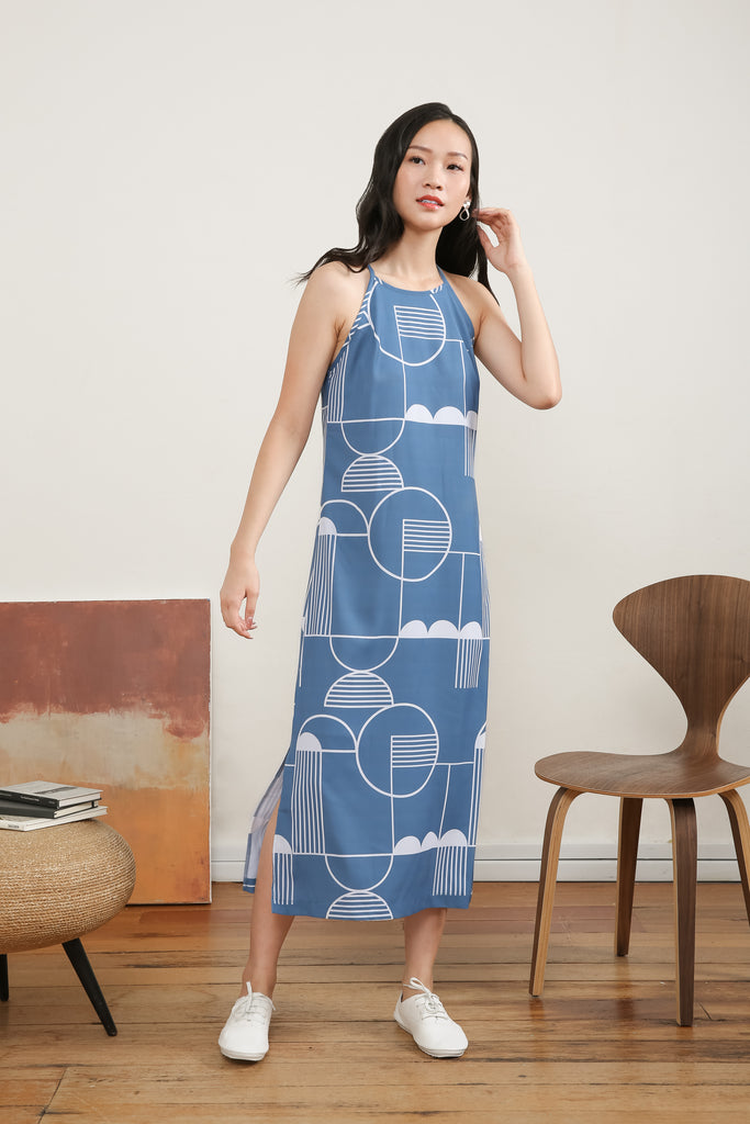 Aileen Printed Slip Maxi Dress - yacht 21 - y21 - women ladies clothing fashion - maxi dress , long dress , sleeveless , casual , in house print , in house design , local artist , urban resort wear , wrinkle free , fuss free , low ironing , blue and white designs , midaxi , casual , summer , holiday , urban resort wear 