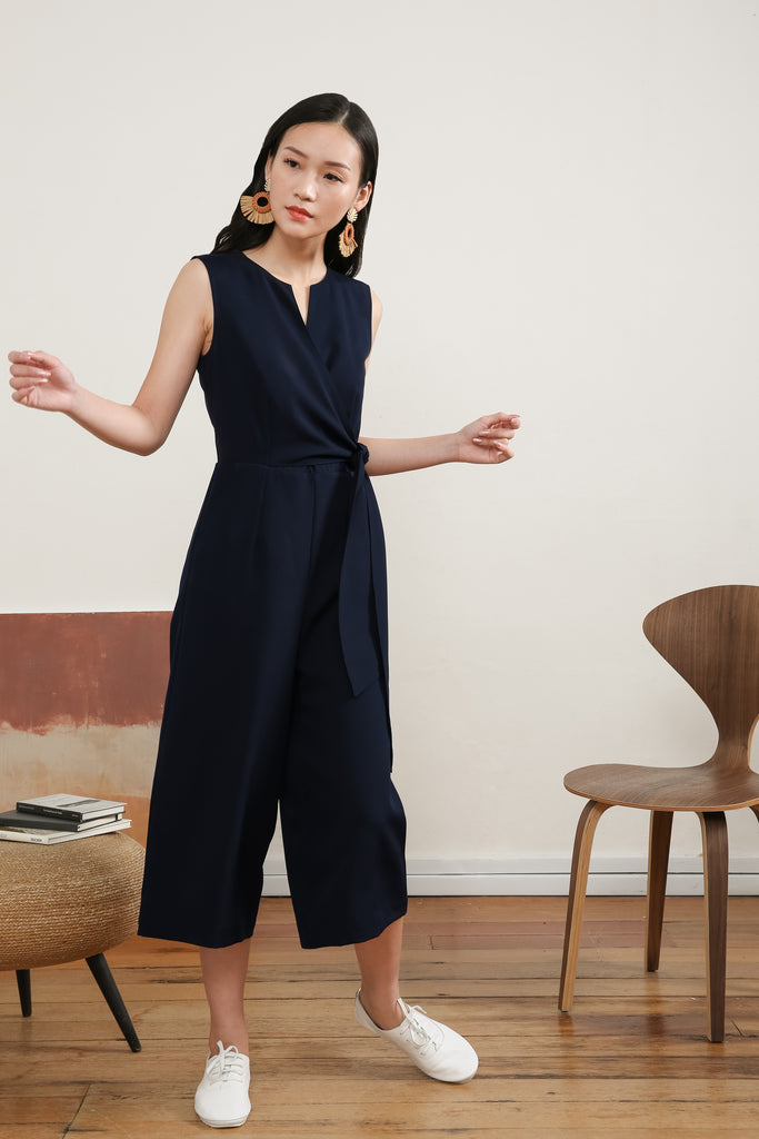 [Back in Stock] Donina Tie-front Jumpsuit in Navy Blue - yacht 21 - women / ladies fashion clothing - jumpsuit , pantsuit , romper , dark blue , work wear , casual , urban resort wear , midaxi , midi , summer , holiday , vacay , vacation , sleeveless , v-neckline , fuss free , wrinkle free , low ironing 