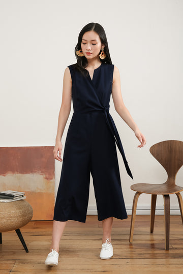 [Back in Stock] Donina Tie-front Jumpsuit in Navy Blue - yacht 21 - women / ladies fashion clothing - jumpsuit , pantsuit , romper , dark blue , work wear , casual , urban resort wear , midaxi , midi , summer , holiday , vacay , vacation , sleeveless , v-neckline , fuss free , wrinkle free , low ironing 