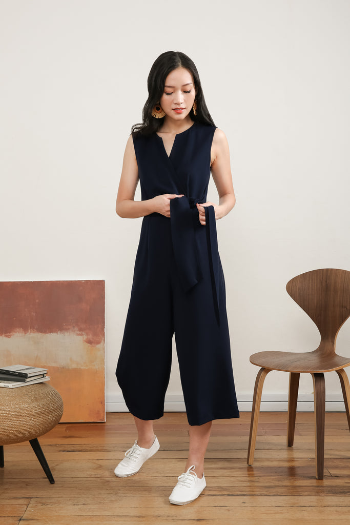 [Back in Stock] Donina Tie-front Jumpsuit in Navy Blue - yacht 21 - women / ladies fashion clothing - jumpsuit , pantsuit , romper , dark blue , work wear , casual , urban resort wear , midaxi , midi , summer , holiday , vacay , vacation , sleeveless , v-neckline , fuss free , wrinkle free , low ironing 