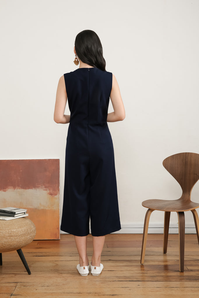 [Back in Stock] Donina Tie-front Jumpsuit in Navy Blue - yacht 21 - women / ladies fashion clothing - jumpsuit , pantsuit , romper , dark blue , work wear , casual , urban resort wear , midaxi , midi , summer , holiday , vacay , vacation , sleeveless , v-neckline , fuss free , wrinkle free , low ironing 