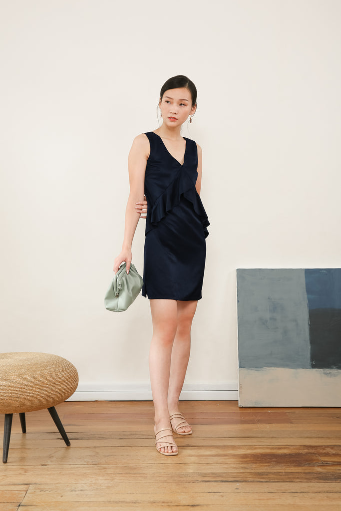 Eldora Front Ruffle Dress in Navy Blue , Eldora Front Ruffle Dress in Blue - yacht 21 - y21 - women ladies fashion clothing - work wear , ruffles , short dress , knee length dress , mini dress , urban resort wear , vacay , vacation , summer , holiday , fuss free , wrinkle free , low ironing