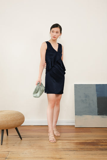 Eldora Front Ruffle Dress in Navy Blue , Eldora Front Ruffle Dress in Blue - yacht 21 - y21 - women ladies fashion clothing - work wear , ruffles , short dress , knee length dress , mini dress , urban resort wear , vacay , vacation , summer , holiday , fuss free , wrinkle free , low ironing