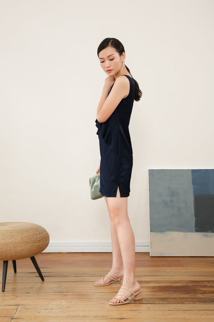 Eldora Front Ruffle Dress in Navy Blue , Eldora Front Ruffle Dress in Blue - yacht 21 - y21 - women ladies fashion clothing - work wear , ruffles , short dress , knee length dress , mini dress , urban resort wear , vacay , vacation , summer , holiday , fuss free , wrinkle free , low ironing