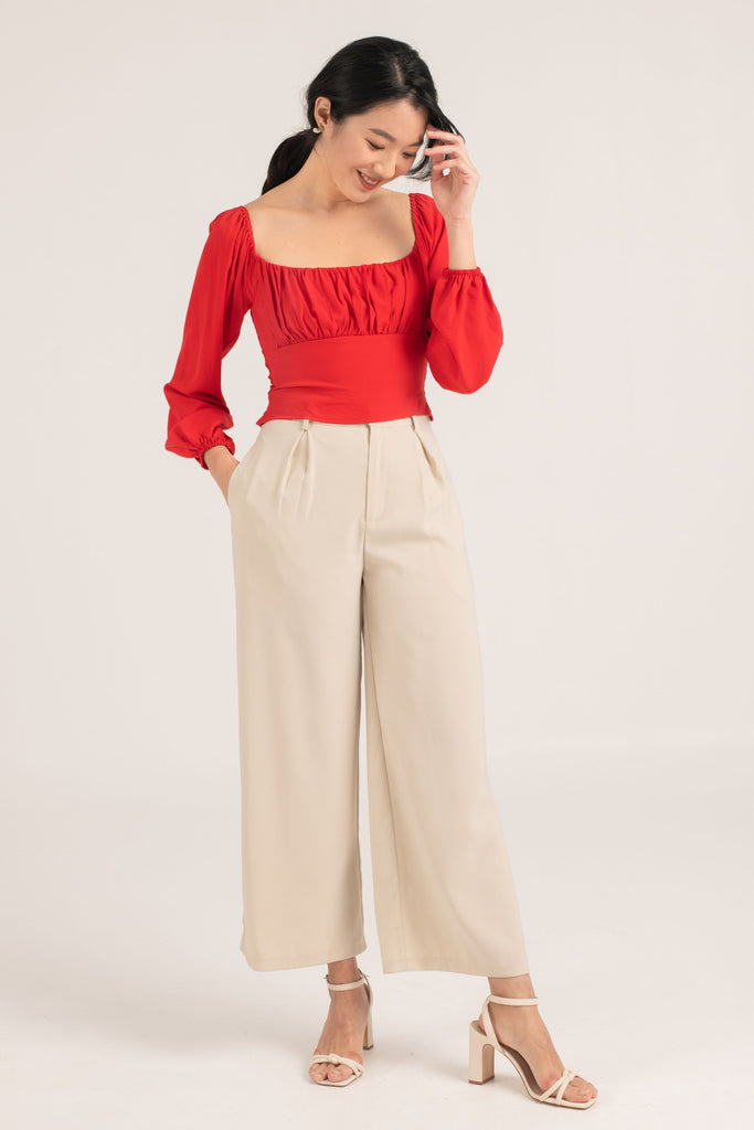 Bella Ruched Long Sleeve Top - white , red - yacht 21 - women ladies clothing fashion - top , blouse , long sleeves , sleeve , ruching , cropped top , crop top , tight fitting , boat neckline , square neck , casual , urban resort wear , holiday , summer , fuss free , wrinkle free , low ironing , y21