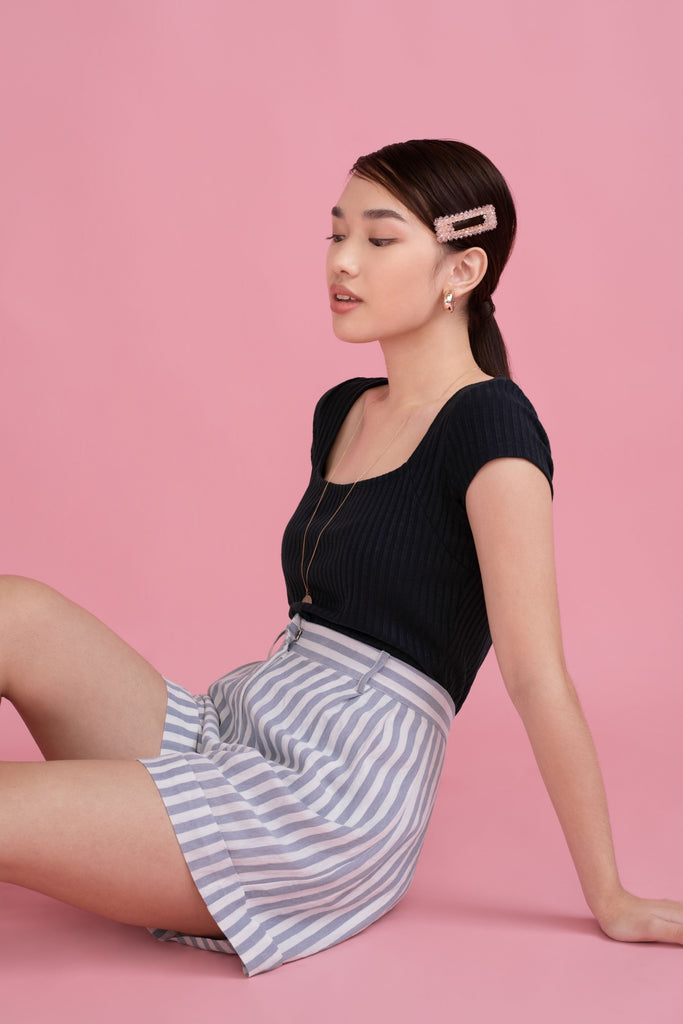 Karen Striped Shorts - Yacht 21 - women ladies fashion clothing - blue and white stripes, casual , urban resort wear , vacay , vacation , summer , holiday , basic shorts , stripes , wrinkle free , low ironing , fuss free