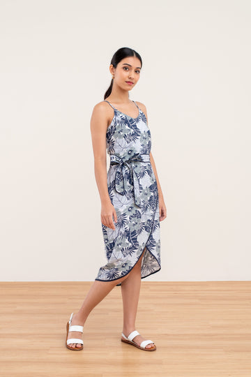 Kennedy Tropical Print Dress in Blue - yacht 21 - women / ladies clothing fashion - dresses , midi , midaxi dress , floral , tropical , summer , urban resort wear , holiday , vacay , vacation , beach vibes , yellow and blue , sleeveless , fuss free , wrinkle free , low ironing